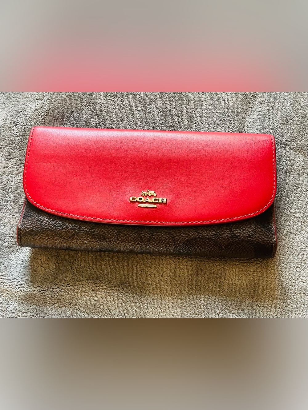 Coach Two-Tone Red and Dark Brown wallet with Gold Logo - slight damage